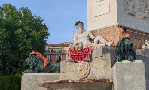 Dos activistas se desnudan en la fuente frente al Palacio Real.